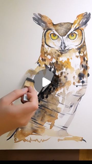 Watercolour Owl, Owl Watercolor Paintings, Watercolor Owls Simple, Watercolour Owl Painting, Watercolour Paintings Of Owls, Hedwig Watercolor Painting, Watercolor Birds Tutorial, Owl Tutorial, Great Horned Owl Watercolor