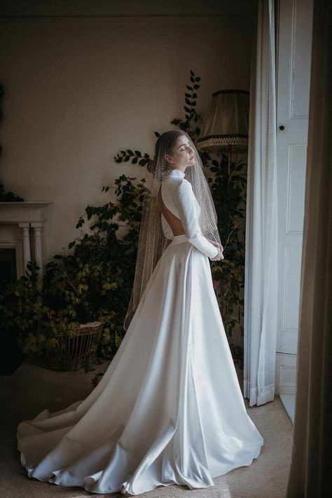 Sanyukta Shrestha: 2020 'Autumn Daydream' collection. Ethical wedding dresses for modern brides. Long sleeved backless high collar wedding dress #sanyuktashrestha #ethicalweddingdress #ecowedding #sustainablewedding #ecobride November Wedding Dresses, High Collar Wedding Dress, Ethical Wedding Dress, Simple Wedding Dress With Sleeves, Ethical Wedding, Wedding Dress Guide, White Wedding Dress, Dress Guide, Sleeve Wedding Dress