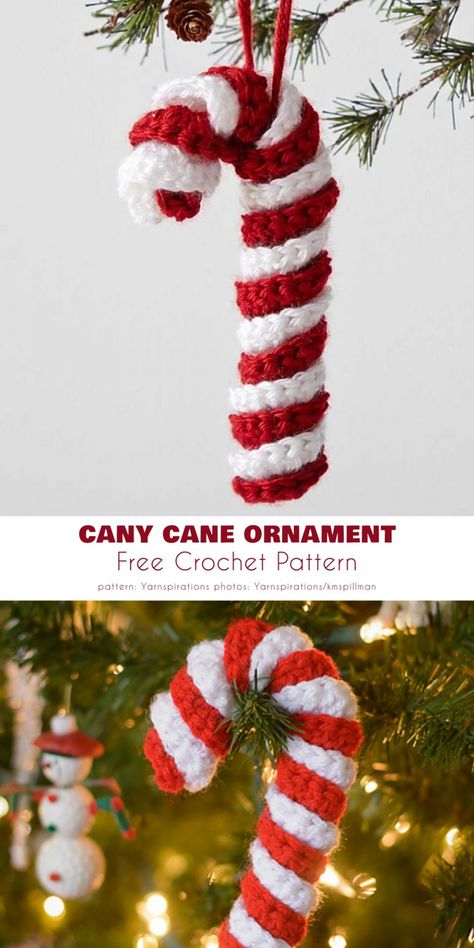 Candy Cane Ornament Crochet Christmas Ornaments Free Pattern, Ornament Crochet Pattern, Ornament Crochet, Crochet Christmas Ornaments Free, Candy Cane Ornament, Classic Candy, Crochet Christmas Decorations, Caron Simply Soft, Crochet Tips