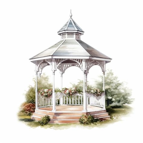 A watercolor of a gazebo with a white fe... | Premium Photo #Freepik #photo #illustrations #clip-art Gazebo Tattoo, Gazebo Drawing, Gazebo Illustration, Gazebo Clipart, Fence And Flowers, White Gazebo Aesthetic, Watercolor Garden Gate, Gazebo Pictures, White Gazebo