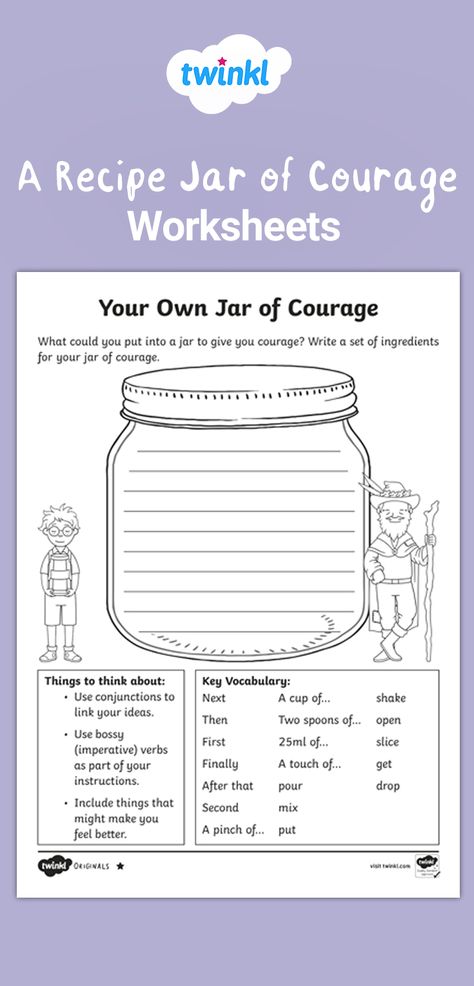 Use these fun worksheets to develop children's writing skills in a fun and imaginative way. Use the Twinkl Original story, 'The Making of Milton' to create your own jar of courage - click to download!   #courage #writingprompts #writing #writingframes #writingideas #teaching #teacher #teachingresources #twinkl #twinklresources #education #school #worksheets #imagination #homeeducationuk #homeschool #pshe #wellbeing #emotions #feelings Courage Anchor Chart, Courage Worksheet, Imagination Worksheet, Courage Activities, Moral Development, Wellbeing Activities, Home Education Uk, Name Tracing Worksheets, Kindergarten Reading Worksheets