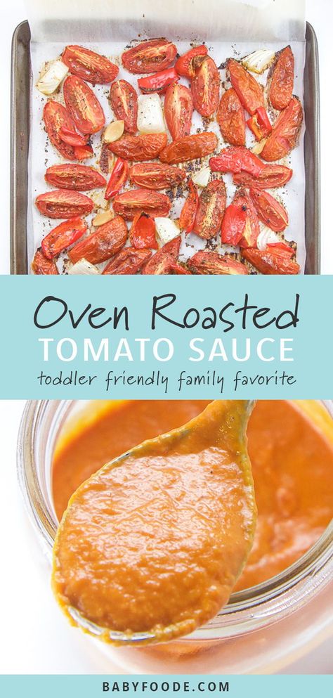 Your little ones will love this oven roasted tomato sauce! It's thick, creamy, and packed with healthy summer flavors. With just 5 minutes of prep, this is a homemade tomato sauce recipe that you'll turn to all summer long to help your picky eater get their veggies in! #healthyrecipes #pasta Oven Roasted Tomato Sauce, Baked Goat Cheese, Oven Roasted Tomatoes, Roasted Tomato Sauce, Tomatoes Recipes, Summer Flavors, Dip Sauce, Ard Buffet, Toddler Recipes