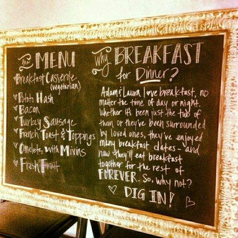 Breakfast For Dinner Wedding, Wedding Reception Food Buffet, Wedding Brunch Reception, Buffet Wedding Reception, Vintage Wedding Reception, Wedding Reception Menu, Wedding Reception Dinner, Vintage Chalkboard, Reception Food