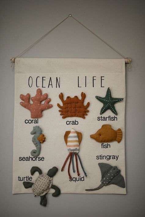 Ocean Life Chart pattern and tutorial | Patreon Fabric Toy For Baby, Baby Room Decor Diy, Diy For Babies, Diy Newborn Gifts, Hand Made Toys, Diy Baby Gifts For Boys, Sewing Baby Toys, Baby Diy Projects Nursery, Ocean Baby Room