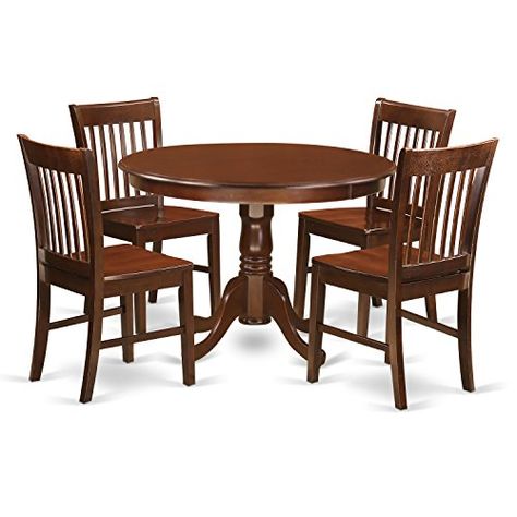 East West Furniture HLNO5-MAH-W 5Piece Hartland Set with One Round 42in Small Table & 4 Dinette Chairs with Wood Seat in a Beautiful Mahogany Finish | Mahogany Kitchen, Dinette Chairs, Round Kitchen Table, Small Kitchen Tables, Dinette Tables, Solid Wood Dining Set, Dinette Sets, Kitchen Dining Sets, Kitchen Table Settings