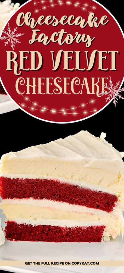 The absolute best Red Velvet Cheesecake for a mesmerizing dessert. It's so yummy! Enjoy layers of moist red velvet cake, creamy cheesecake, and luscious cream cheese frosting. Perfect for Christmas, Valentines Day, and special occasions. Learn how to make it with this easy Cheesecake Factory copycat recipe. Red Velvet Cheesecake Cupcakes From Box Cake Mixes, Cheesecake Recipes Red Velvet, Red Velvet Cake With Cheesecake Layer, Red Velvet No Bake Cheesecake, Red Velvet Cream Cheese Cake, Pink Velvet Cheesecake, Red Velvet Cheesecake Recipes, Cheesecake Factory Red Velvet Cheesecake, Easy Red Velvet Cheesecake