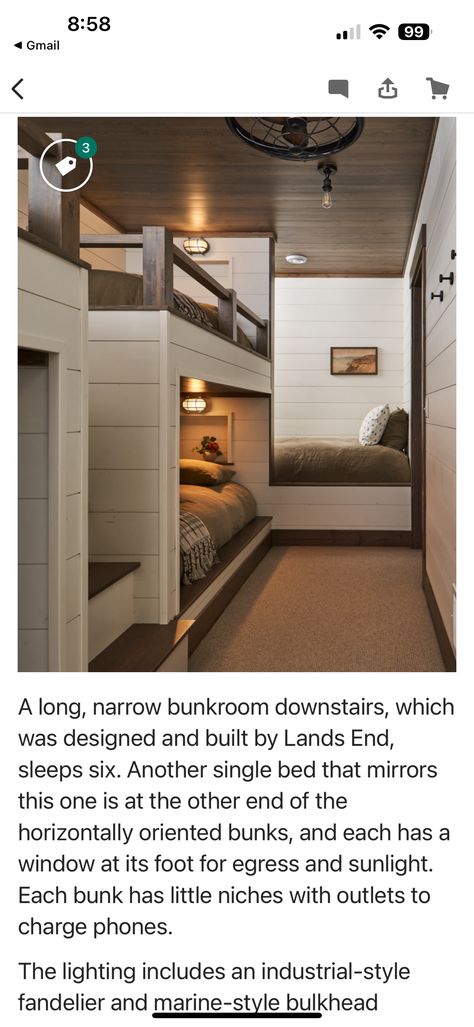 Like each bunk light, phone charging nook and built in bunks (save room?) Bunk Room With Privacy, Alcove Bunk Beds Built Ins, Beach House Bunk Beds Built Ins, Bunk Rooms For Adults, Beach House Bunk Beds, House Bunk Bed, Built In Bunks, Bunk Rooms, Bunk Beds With Stairs