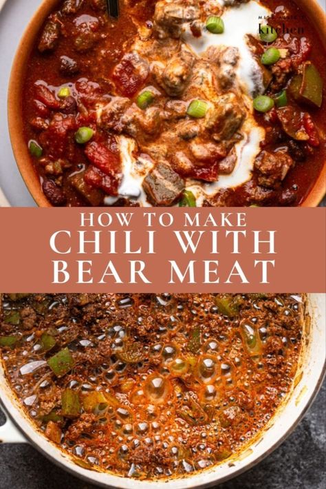 If you've ever wondered if you can eat bear meat, then I'm here to tell you that you can! This chili is the perfect way to enjoy ground bear meat. This underrated wild game is rich, tender, and juicy. The trick to properly cooking bear is to make sure it is well done. I spill all my secrets and walk you through making this delicious chili in this post. #bearmeat #wildgame #wildgamecooking #chili #chilirecipes #alternativemeats #hunting Bear Chili Recipe, Bear Meat Recipe, Bear Meat, Elk Recipes, Roast Chicken And Gravy, Meat Chili, How To Make Chili, Bear Recipes, Wild Game Recipes