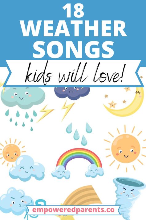 Teach your kids these fun songs about the weather and the different seasons of the year. There are songs about rain, snow and sun too. | Weather songs for preschoolers | Preschool weather songs | Songs about weather for toddlers | Weather songs for kids | Weather songs preschool | Songs About Weather Preschool, Weather Song Preschool, Weather Songs For Preschool, Calendar Songs For Preschool, Weather Songs For Toddlers, Weather Fingerplays, Sky And Weather Preschool Activities, Weather Curriculum Preschool, Weather Learning Activities Preschool