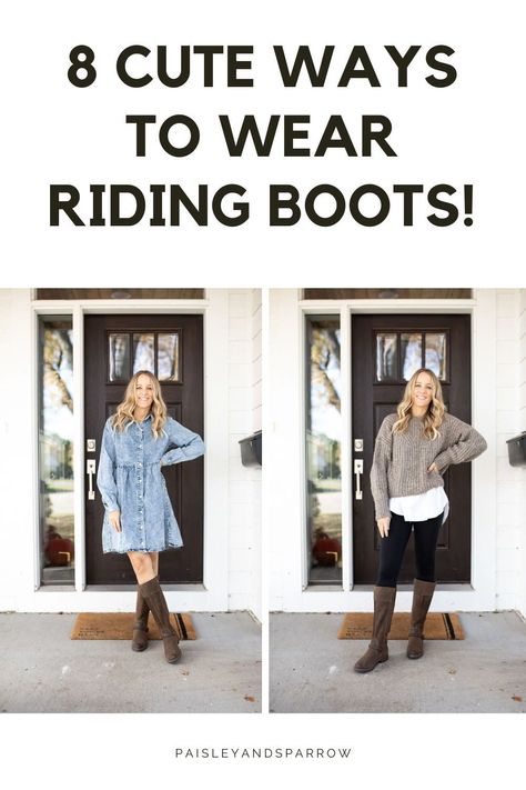 If you have ever wondered how to wear riding boots, here are some great outfit ideas for you! You can copy these casual and dressy outfits wearing riding boots. How To Style Riding Boots 2024, Outfits With Brown Riding Boots, How To Wear Brown Boots, Black Riding Boots Outfit Work, What To Wear With Tall Boots, How To Style Tall Brown Boots, Tall Riding Boots Outfit, How To Wear Tall Boots 2024, Tall Boots Outfit Fall Styles 2024