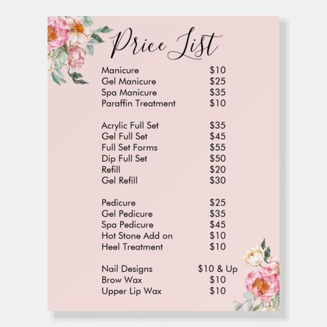 Pink Price List Background, Nails Design Template, Price List Design Salon, Nail Length Chart Price, Nail Price List Ideas, Nail Flyer Ideas, Nail Pricing, Price List Design Ideas, Nail Profile