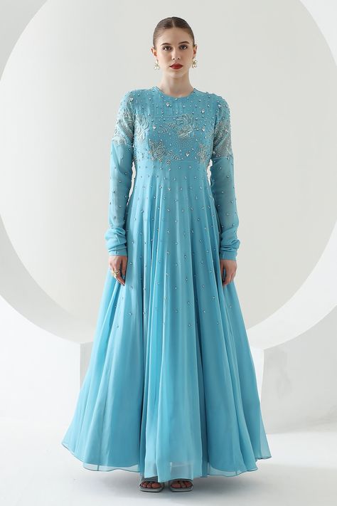 Light Blue Anarkali, Blue Churidar, Churidar Sleeves, Anarkali Patterns, Flared Anarkali, Designer Sharara Suits, Blue Anarkali, Floor Length Anarkali, Sharara Suit