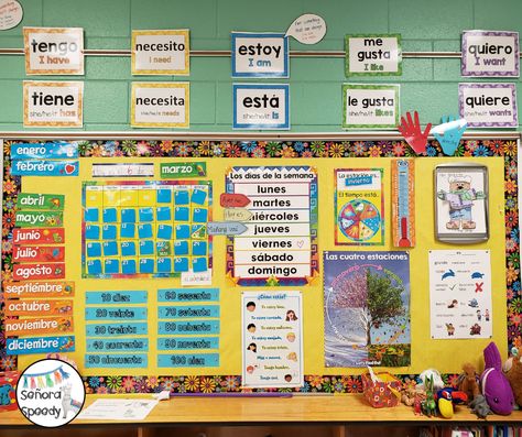 Spanish Bulletin Board Ideas, Spanish Classroom Door, Language Classroom Decor, Elementary Spanish Classroom, Spanish Immersion Classroom, Teacher Decorations, Spanish Teacher Classroom, Spanish Doors, Spanish Education