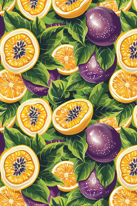 Another zesty pattern, avilable on Redbubble.  . .  . . . . . orange, hawaiian pattern, exotic fruit, tropical, tropical pattern, fruit pulp, yellow passion fruit, passiflora, passiflora edulis, all over print, green leaves pattern, purple passionfruit, patterncabinet, pattern cabinet, redbubble products Passion Fruit Wallpaper, Passion Fruit Color Palette, Passionfruit Illustration, Papaya Tree Illustration, Orange Fruit Wallpaper, Yellow Passion Fruit, Papaya Tree, Passiflora Edulis, Fruit Repeat Pattern