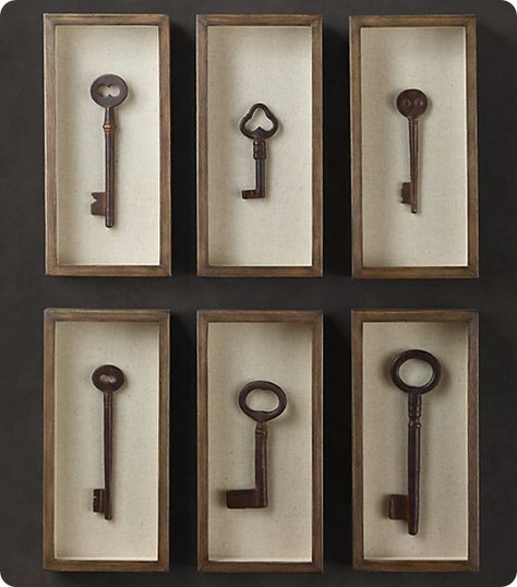 key shadow box collection from Restoration Hardware Key Crafts, Restoration Hardware Inspired, Old Keys, Deco Originale, Soyut Sanat Tabloları, Antique Keys, Keys Art, Vintage Keys, Shadow Boxes