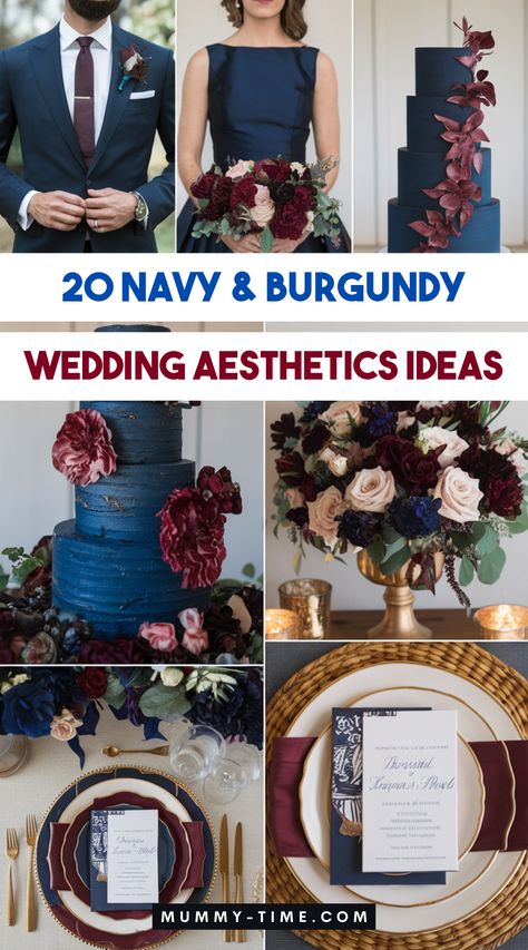 Create a breathtaking wedding aesthetic with navy and burgundy! This color duo adds depth and romance to any celebration. Check out our ideas for centerpieces, invitations, and more. 🍂💐 Save this pin and start planning your dream wedding! Wine Red And Navy Blue Wedding Theme, Navy Blue Wedding Centerpieces, Navy Wedding Decorations, Dark Teal Weddings, Red White Blue Wedding, Blue Fall Wedding, White Blue Wedding, Wine Theme Wedding, Wine Red Wedding