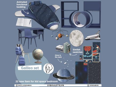 The Sims Resource - Patreon early release - Galileo set - Part 2: Desk Galaxy Nursery, Planet Mobile, Galaxy Room, Space Themed Bedroom, Space Themed Room, Kid Bedroom, Sims Building, Casas The Sims 4, Sims 4 Teen