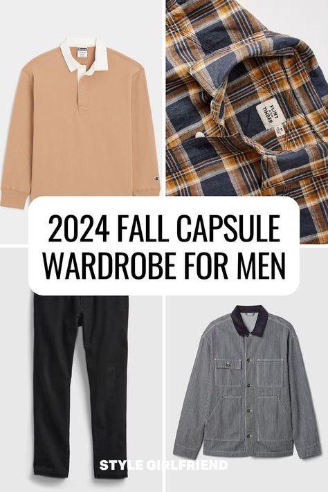 quadrant of men's fall fashion including a rugby shirt, plaid shirt, black jeans, and railroad stripe chore jacket. text on-screen reads: 2024 fall capsule wardrobe for men (style girlfriend) Men’s Capsule Wardrobe Fall 2024, Mens Fall Capsule Wardrobe 2024, Men’s Travel Capsule Wardrobe Fall, Mens Fall Capsule Wardrobe, Mens Capsule Wardrobe, Travel Capsule Wardrobe Fall, French Fall Fashion, Capsule Wardrobe For Men, Men's Fall Fashion