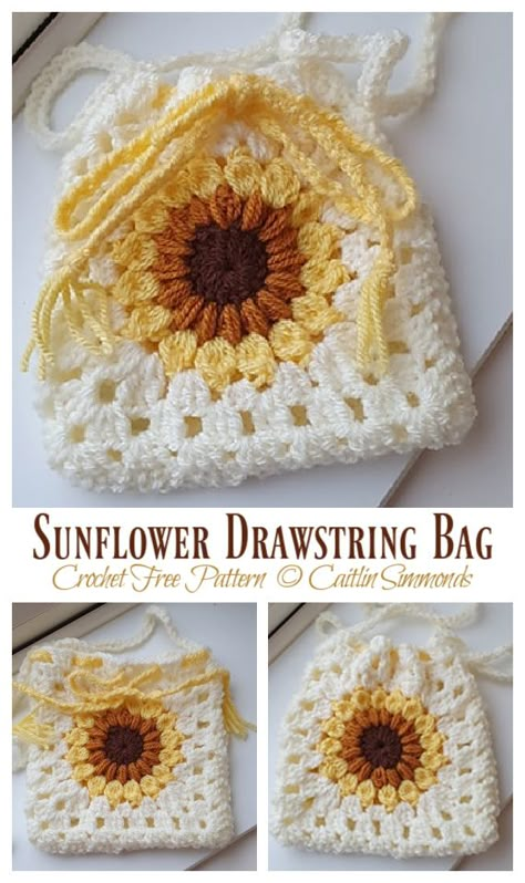 Sunflower Crochet Gift Ideas, Craft Show Crochet Projects, Crochet Drawstring Bags Free Patterns, Small Crochet Gift Bags Free Patterns, Crochet Sunflower Purse Free Pattern, Pouch Pattern Crochet, Crochet Sunflower Projects, Drawstring Crochet Bag Pattern Free, Crochet Bag Drawstring