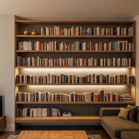 Bookshelf Tall Ceiling, Floating Shelves Library Wall, Floor To Ceiling Bookshelf, Bookshelves Ideas, Bedroom Bookshelves, Cozy Home Library, Floor To Ceiling Bookshelves, Bookshelf Ideas, Floating Bookshelves