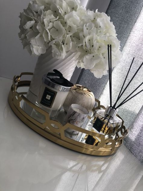 My Vanity Tray Decor Mirror Tray Bathroom, Gold Table Decorations Home, Gold Decorative Tray, Mirror Tray On Coffee Table, Wide Mouth Floor Vase Arrangement, Bathroom Vanity Tray Styling, Gold Tray Decor Bedroom, Mirror Tray Decor Ideas Living Room, Decor Tray Ideas Living Room