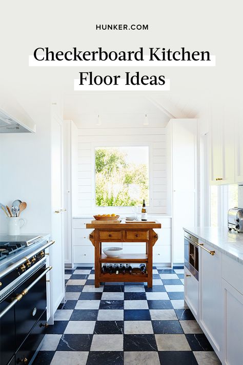 Checkerboard Flooring Kitchen, Chequered Kitchen Floor, Retro Kitchen Tile Floor, Black And White Checked Kitchen Floor, Vintage Kitchen Checkered Floor, Retro Vinyl Flooring Kitchen, Checkered Vinyl Flooring, Checkerboard Kitchen Tile, Kitchen With Checkered Floor