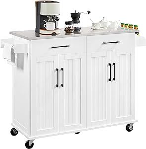 Yaheetech Kitchen Island Cart with Storage & Stainless Steel Countertop, Portable Kitchen Island on Wheels with Cabinet & Adjustable Shelves & 2 Drawers, Rolling Island Table for Kitchen, White White Kitchen Cart, Island On Wheels, Portable Kitchen Island, Stainless Steel Countertop, Mobile Kitchen Island, Steel Countertop, Kitchen Island Trolley, Kitchen Island On Wheels, Kitchen Storage Cart