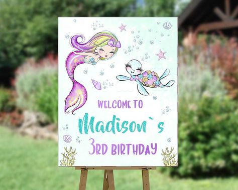 Little mermaid birthday poster, Girl mermaid and turtle welcome sign, Under the sea welcome banner, Magical birthday party decoration. Same theme items for your party: https://www.etsy.com/shop/paperpartydigital?&search_query=mermaid This item is personalized digital file(s). You can share it with your friends electronically by texting it or via messengers like Whatsapp, iMessage, Facebook, Viber, etc. or email it. Or you can print it in nearby photolab or at one of the online printing service Mermaid Welcome Sign, Shower Background, Police Birthday, Mermaid Invitations, Turtle Birthday, Firetruck Birthday, Mermaid Birthday Invitations, Little Mermaid Birthday, Welcome Banner