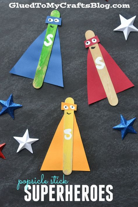 Popsicle Stick Superheroes - Kid Craft Simple Arts, Superhero Crafts, Kid Craft, Diy Projects For Kids, Popsicle Stick Crafts, Daycare Crafts, Popsicle Stick, Craft Projects For Kids, Camping Crafts