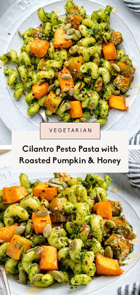 Incredible cilantro pesto pasta with roasted pumpkin, honey and a sprinkle of red chili flakes. This vegetarian pumpkin pesto pasta recipe is a delicious, fall take on regular pesto pasta with the addition of sweet Side Pasta, Pumpkin Pesto, Pasta Pumpkin, Pesto Pasta Recipe, Cilantro Recipes, Meatless Dishes, Cilantro Pesto, Pesto Pasta Recipes, Pistachio Pesto