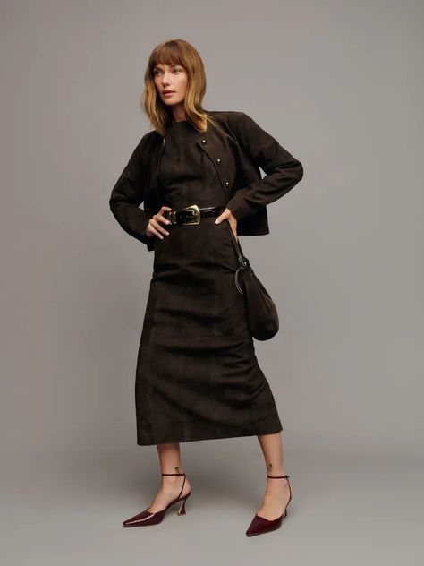 See and Shop the Fall/Winter 2024 Suede Fashion Trend | Who What Wear Suede Set, Nicole Fashion, Work Wear Outfits, Paris Trip, Suede Fashion, Faux Suede Jacket, Getting Dressed, Sleeveless Midi Dress, Vintage Inspired Dresses