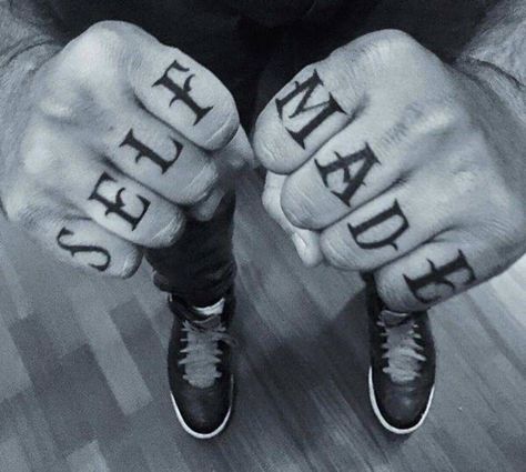 Self Made Knuckle Tattoo, Finger Font Tattoo, Knuckle Tattoo Fonts, Finger Letter Tattoos, Hardcore Tattoo, Knuckles Tattoo, Knuckles Hand, Self Made Tattoo, Fingers Tattoo