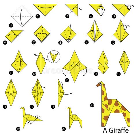 Step by step instructions how to make origami A Giraffe. Animal toy cartoon cute paper steps origami vector illustration Origami Návody, Origami Dog, Animals Giraffe, Origami Yoda, Origami Star Box, Origami Step By Step, Tutorial Origami, Origami Bookmark, Origami For Beginners