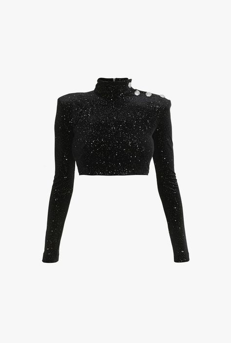 Balmain - Glittered velvet black crop top ($1,295) Crop Top Styles, Glitter Fashion, Glitter Top, Stage Outfit, Velvet Crop Top, Wear Crop Top, Crop Top Outfits, Cropped Tops, Mode Inspo