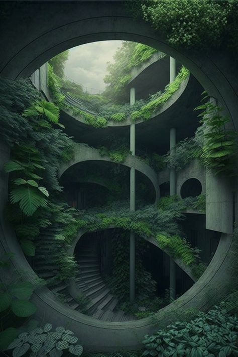 Nature Overtaking Building, Ecobrutalism Interior, Dark Solarpunk, Ecofuturism Aesthetic, Naturalistic Architecture, Overgrown Architecture, Solarpunk Interior, Solar Punk Architecture, Forestpunk Aesthetic