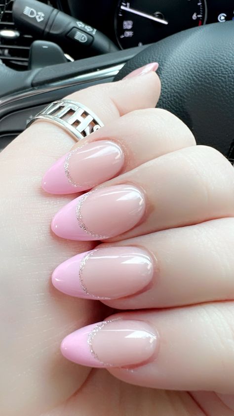 Pink French Tip With Glitter Line Almond, Pink Hoco Nails Almond, Almond Sns Nails Designs, Light Pink French Tip Nails With Glitter, Pink And Silver Nails Almond, Light Pink Nails Almond Shape French Tip, Simple Nails For Back To School, Hoco Nail Ideas Pink Dress, Cute Hoco Nails For Pink Dress