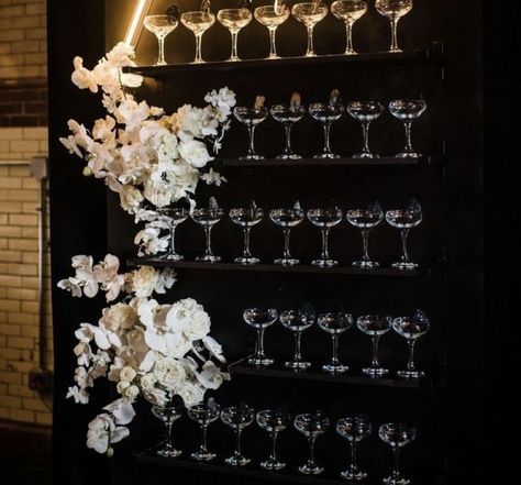 Champagne wall with flowrs black drop Black Champagne Wall, Champagne Tie, Champagne Wall, Birthday 21, Bachelorette Ideas, Black Tie Wedding, Wedding Mood Board, Wedding Mood, Event Ideas