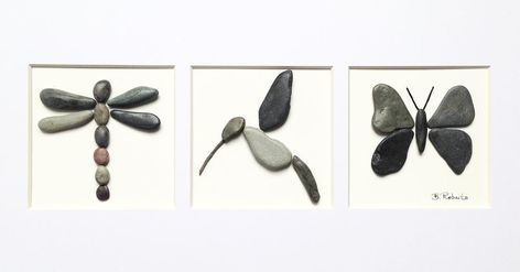 3 in 1 - some customer favorites! #pebbles #pebbleart #beach #stones #dragonfly #hummingbird #butterfly #art🎨 #homedecor #bird #insects #treetoseaartbybecky Painting Dragon, Rock Pictures, Beach Stones Jewelry, Sea Glass Art Projects, Kandinsky Art, Stone Wall Art, Butterfly Art Painting, Dragon Flies, Stick Art