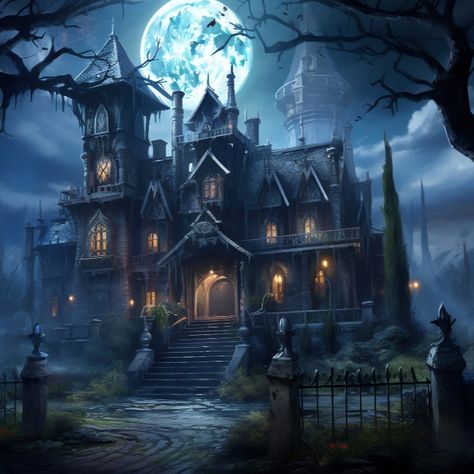 Haunted mansion on a moonlit night. The mansion should have eerie, glowing windows and be surrounded by a creepy forest. A full moon should be visible in the sky, casting an eerie glow on the scene. There should be a hint of mist in the air, and a group of friendly ghosts should be floating near the mansion, The overall atmosphere should be spooky yet whimsical#halloween Ghost Mansion, Halloween Mansion, Spooky Mansion, Creepy Forest, Layers Of Fear, Flyer Background, Big Mansions, Gothic Mansion, Mansion Exterior