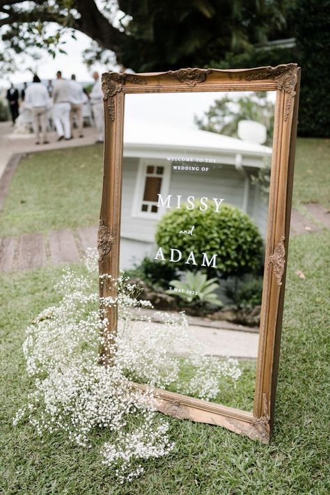 Wedding Ceremony Entrance Decor, Engagement Party Entrance, Unique Wedding Welcome Sign, Wedding Welcome Mirror, Mirror Welcome Sign, Engagement Vibes, Bridal Entrance, Diy Backdrops, Mirror Wedding Signs