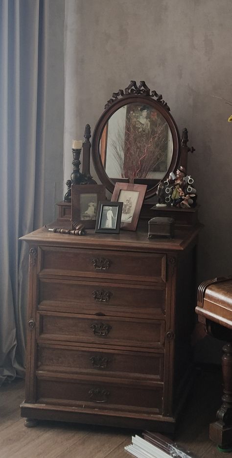 Dark Academia Closet Furniture, Antique Dressers Makeover, Dark Academia Bedframe, Dark Academia Dresser Decor, Dark Academia Tv Stand, Dark Academia Small Bedroom, Dark Academia Nursery, Dark Academia Furniture, Light Academia Aesthetic Bedroom