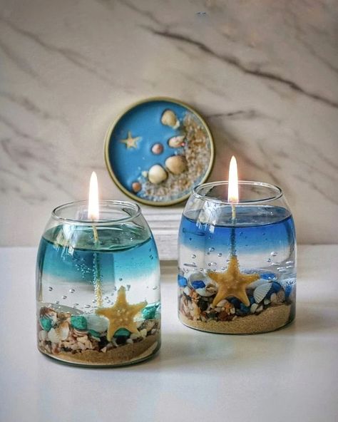 Gel Candle Diy, Beach Theme Candles, Diy Candles Video, Candle Making Recipes, Sea Candles, Handmade Candles Diy, Diy Candles Homemade, Homemade Scented Candles, Gel Candles