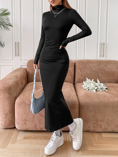 Long Bodycon Dress Outfit Casual, Black Bodycon Outfit, Long Bodycon Dress Outfit, Black Bodycon Dress Outfit, Long Black Bodycon Dress, Elegant Bodycon Dress, Body Con Dress Outfit, Bodycon Outfits, Color Combos Outfit