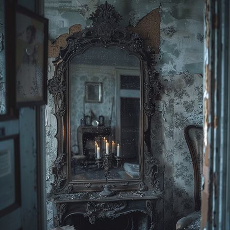 Eerie Candlelit Reflection: A hauntingly serene photo capturing lit candles reflected in an ornate mirror within an antique setting. #antique #candles #mirror #reflection #eerie #aiart #aiphoto #stockcake ⬇️ Download and 📝 Prompt 👉 https://stockcake.com/i/eerie-candlelit-reflection_753868_334822 Looking Into Mirror, Haunted Mirror, Broken Pencil, Mirror Aesthetic, Horse Flowers, Antique Candles, Ornate Mirror, Mirror Reflection, Black Candles