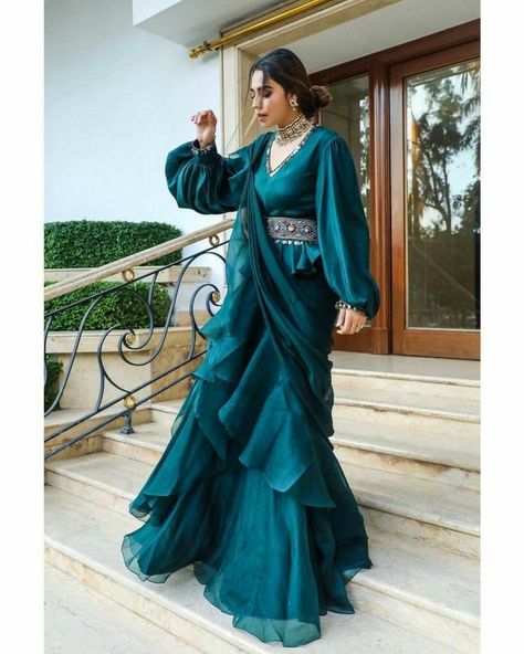 Organza Sari, Saree Organza, Saree Fancy, Fancy Saree, Organza Saree, Saree, Silk, Green, Blue