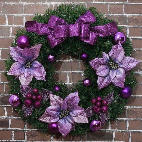 Wreath Christmas Ornaments Wreaths, Purple Christmas Wreath, Christmas Garland On Stairs, Quiet Christmas, White Christmas Garland, Outdoor Christmas Wreaths, Large Christmas Wreath, Wreath Ornaments, Purple Christmas Tree