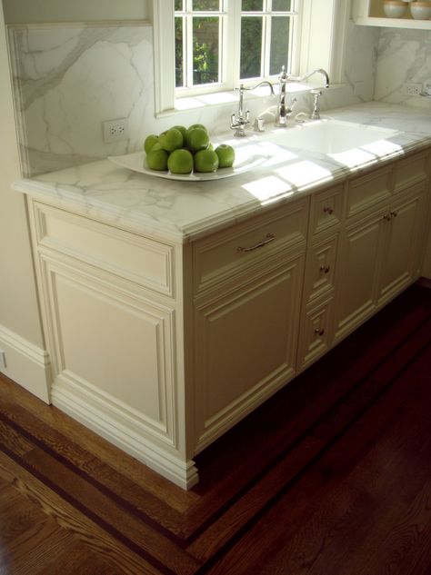 Kitchen cabinet detail - paneled style, double ogee edge on countertop. Counter Edges, Pottery Barn Bedrooms, Columbia House, Ogee Edge, Built In Banquette, Affordable Bedroom, Marble Countertops Kitchen, House Redo, Sweet House