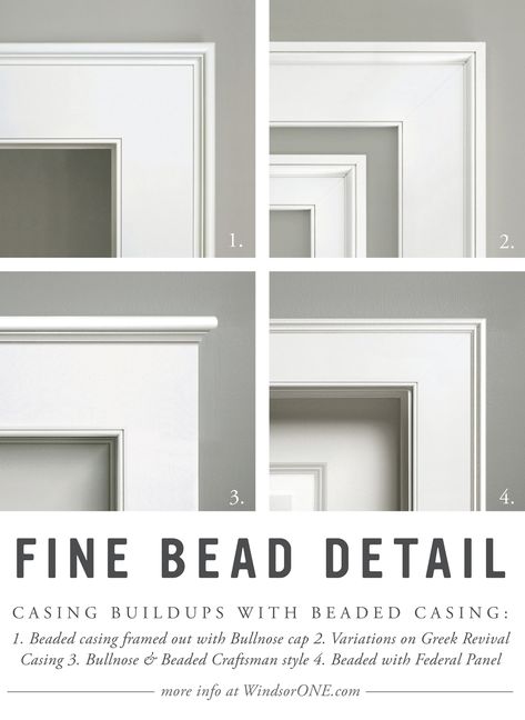 Variations of beaded casing buildups; Smooth casings accented by a fine bead and detail moldings. More info & a variety of primed wood ideas at WindsorONE.com. Mitered Door Casing, Trim And Casing Ideas, Window And Door Casing Ideas, Modern Door Trim Ideas Moldings, Trim Styles Baseboard, Colonial Casing Trim, Beaded And Bullnose Trim, Contemporary Moldings And Trim, Types Of Door Trim