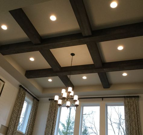 Coffered Ceiling with Stained Beams Wooden Ceiling Ideas Living Rooms, Wood False Ceiling, Wood Coffered Ceiling, Ceiling Beams Living Room, Stained Beam, Wooden Ceiling Design, Interior Ceiling Design, Pop False Ceiling Design, Pop Ceiling Design