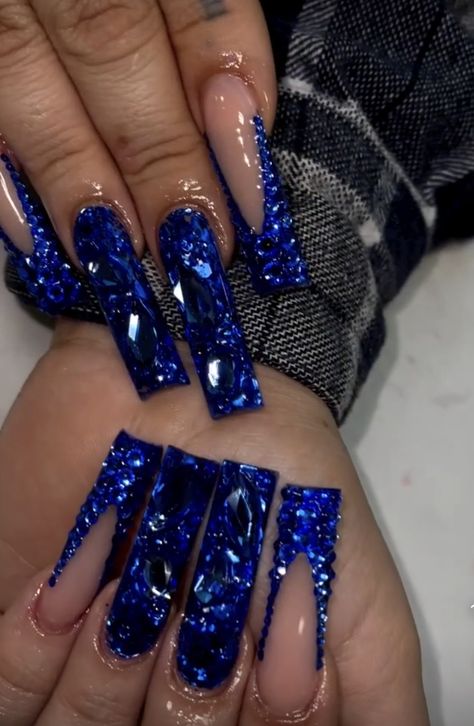 Blue Bedazzled Nails, Royal Blue Extra Nails, Blue Nails Dramatic, Royal Blue Gem Nails, Navy Blue Bling Nails, Navy Blue Nails With Rhinestones, Blue And Black Nails Ideas, Royal Blue Rhinestone Nails, Blue Jewel Nails